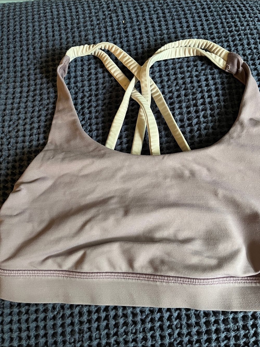 lululemon athletica strappy sports bra in deep plum and light gray